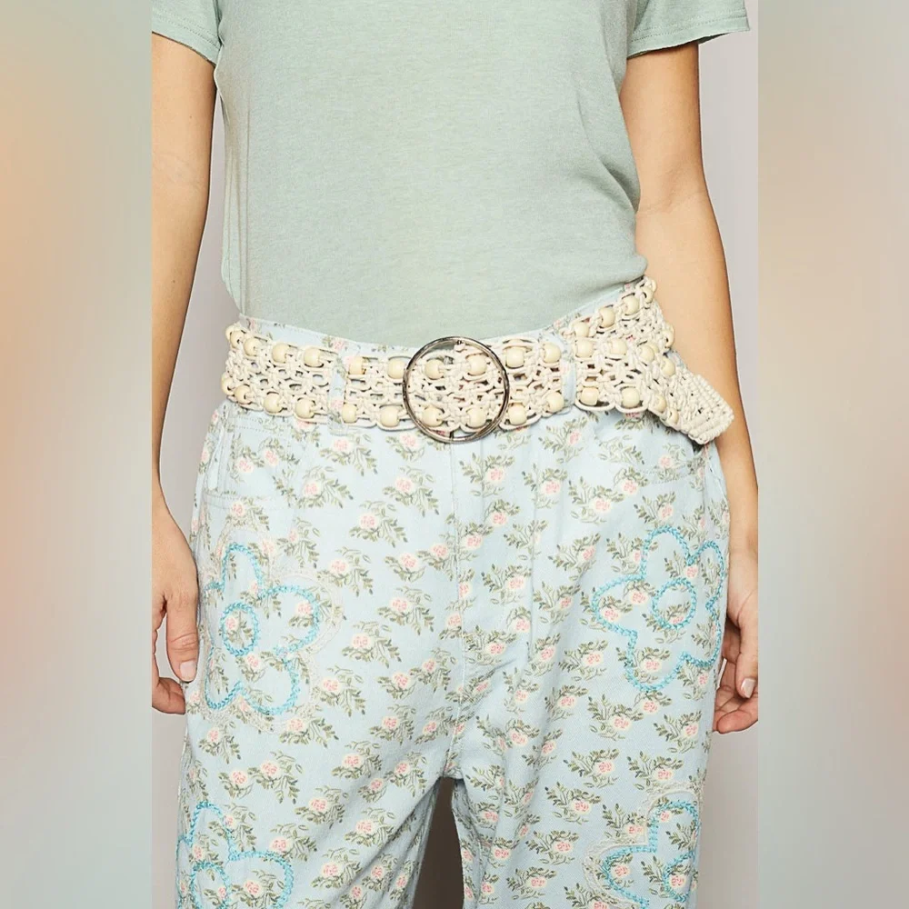 New! Belt13 Cream Leatherette belt with beads - Picture 8 of 11